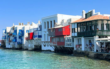 Picturesque view of the Mykonos waterfront.