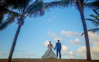 Bride and groom on the beach for a destination wedding. 